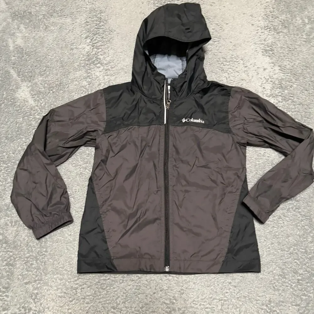 Columbia Rain Jacket Kids Youth Small 8 Black Gray Nylon Hooded Coat